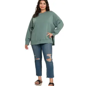 Zenana Plus Scuba Round Neck Pullover with Side Slits