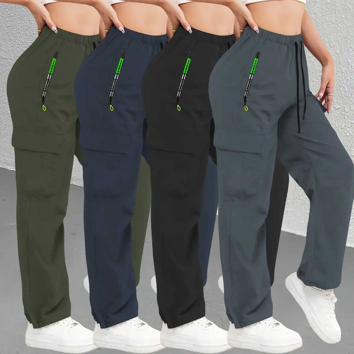 Women’s 4-pack cargo pants for spring/autumn, featuring a green colorway and zippered pockets; stylish design with large patch pockets and a drawstring elastic waistband. Casual outdoor long pants suitable for jogging and everyday wear.,summerwins,summero