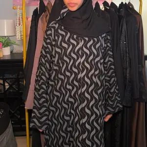 Striped Zig Zag Black and Grey Rhinestone Abaya with Hijab and Belt for Women's Fashion
