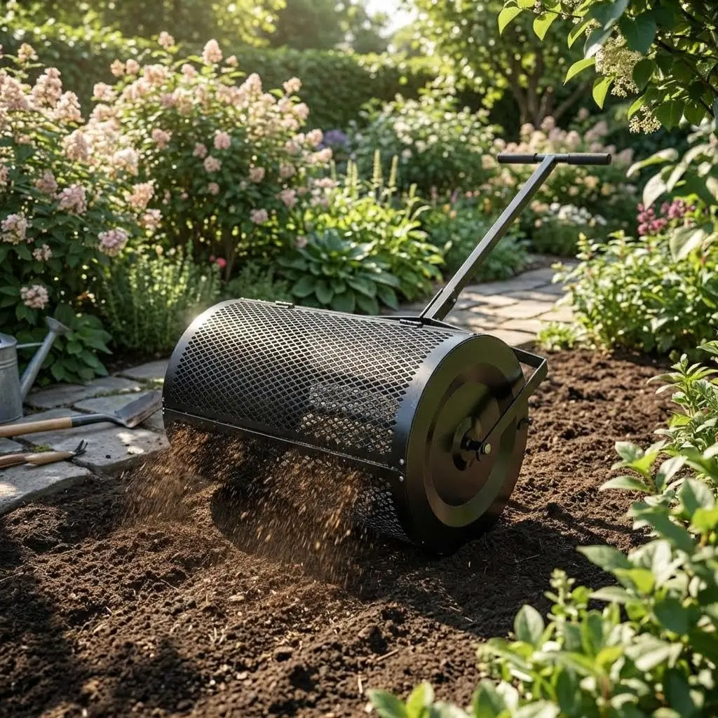 Metal Grid Compost Spreader with Assembly Tools, Sphagnum Roller for Topsoil, Fertilizer and Mulch – Garden & Lawn Topsoil Spreader 24 Inch