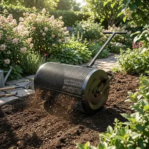 Metal Grid Compost Spreader with Assembly Tools, Sphagnum Roller for Topsoil, Fertilizer and Mulch – Garden & Lawn Topsoil Spreader 24 Inch