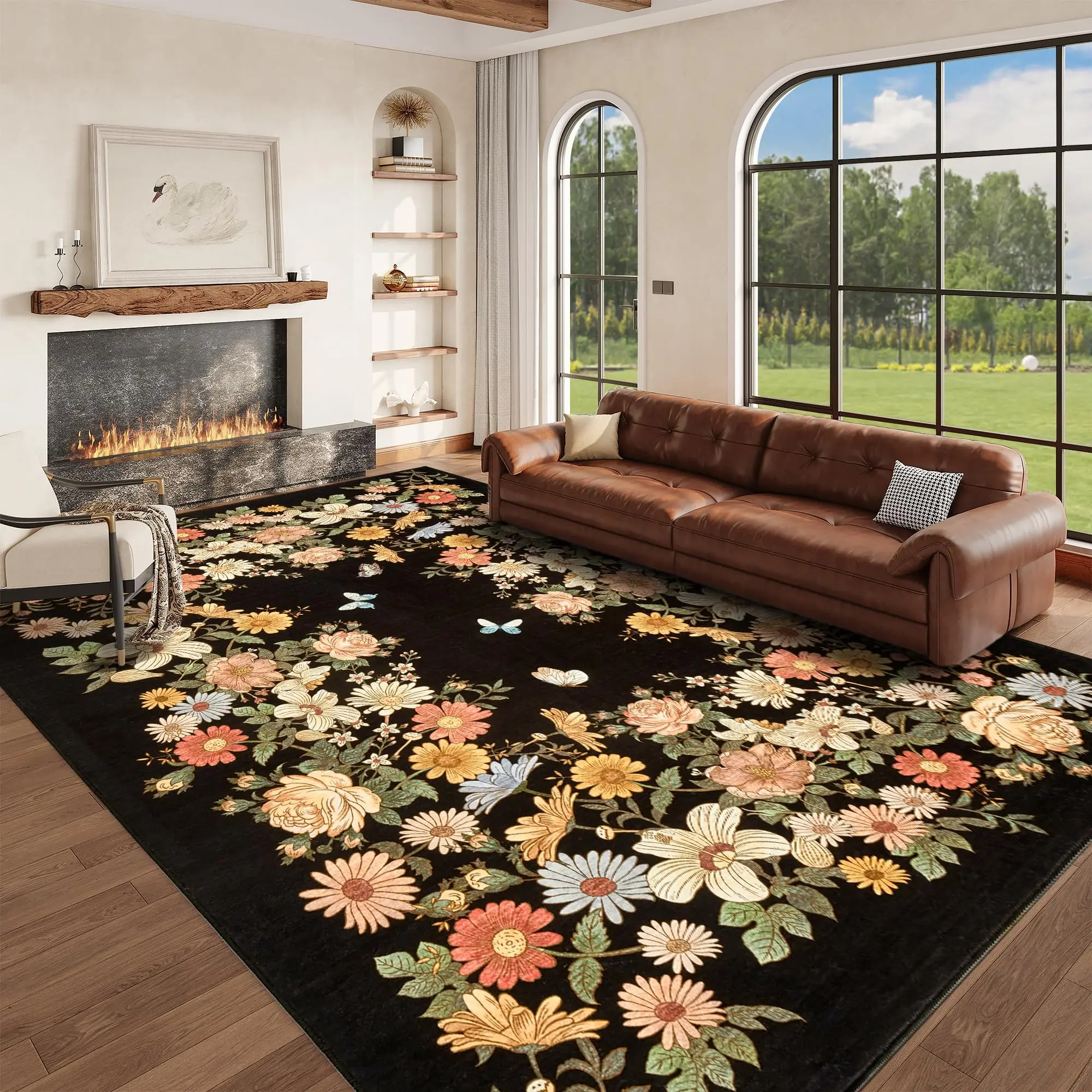 Garvee Rugs for Living Room 8x10, Washable Floral Area Rug Non Slip Soft, Low Pile Ultra-Thin Carpet for Bedroom, Dining Room, Living Room, Black
