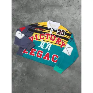 Unisex Vintage American Rugby Theme Colorblock Fitted Polo Shirt, High Street Retro Sporty Full Print Design, Casual Party