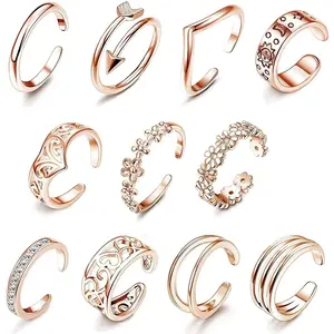 FINREZIO 12 Pcs Silvery Rose Golden Versatile Toe Rings Set for Women Men Adjustable Open Copper Toe Rings with Flower Heart Vintage Designs Hypoallergenic Stackable Foot Jewelry Set for Summer Beach Vacation Daily Wear