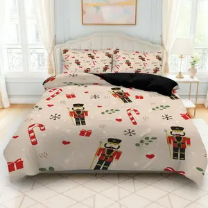 3PCS Duvet Cover Set, 1 Duvet+2 Pillowcases(Without filler), Nutcracker Candy Cane Gift Heart Snowflake theme, Christmas bedding set, Festive Cheerful Cozy Holiday Spirit Suitable for decoration bedroom living room guest room hotel