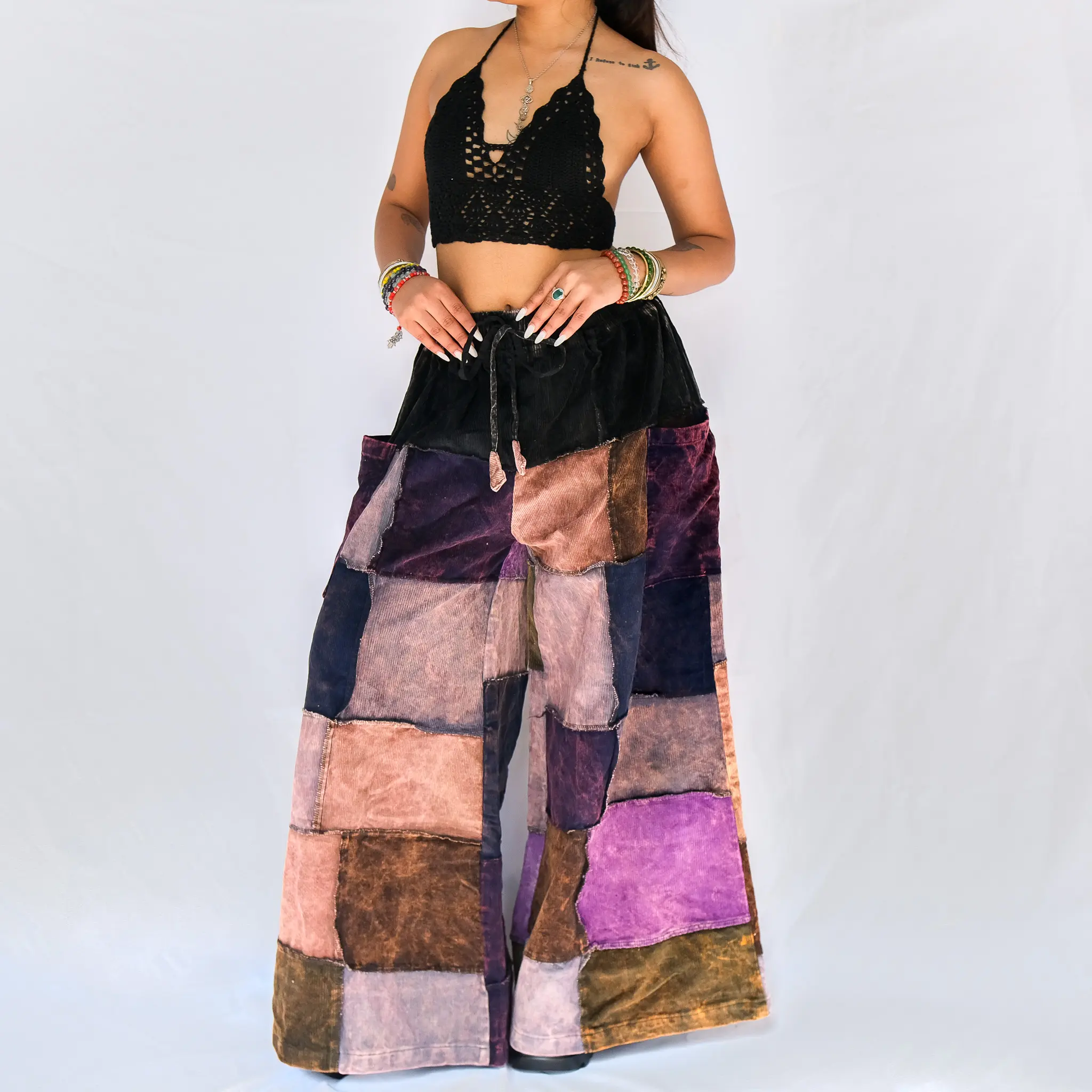 Patchwork Corduroy Wide Leg Pant,Handmade Patch Boho Hippie Style Fall Winter Pants, Men Women Goth Pants, XS to 3XL, Earth Tone Palazzo, 90s