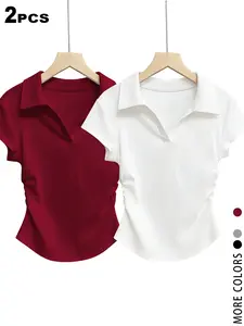 2 PCS Polo Collar V Neck Crop Tops for Women, Y2K Aesthetic Short Sleeve Ruched Slim Fit Tops, Comfort Soft Stretchy Casual T-Shirts,Coquette Outfit, Perfect for Daily Wear, School, Shopping, Date Night, Sweet Feminine Style for Teen Girls, Gen Z