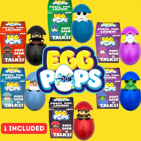 Egg Pops Talking Toy Figure - Pop-Up, Funny Sounds, Unicorn/Alien/Chef Designs, 6 Characters, Interactive Features, Durable Long-Lasting Power Materials, Surprise Inside, Children's Party Gifts, Easter Basket Stuffer