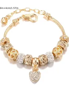 Removable Heart Pendant Bracelet, Sparkling Gold-Plated Copper Chain with Full CZ Round Charm & Hollow Heart Beads, Dainty Sweet Jewelry for Women, Perfect Date Gift