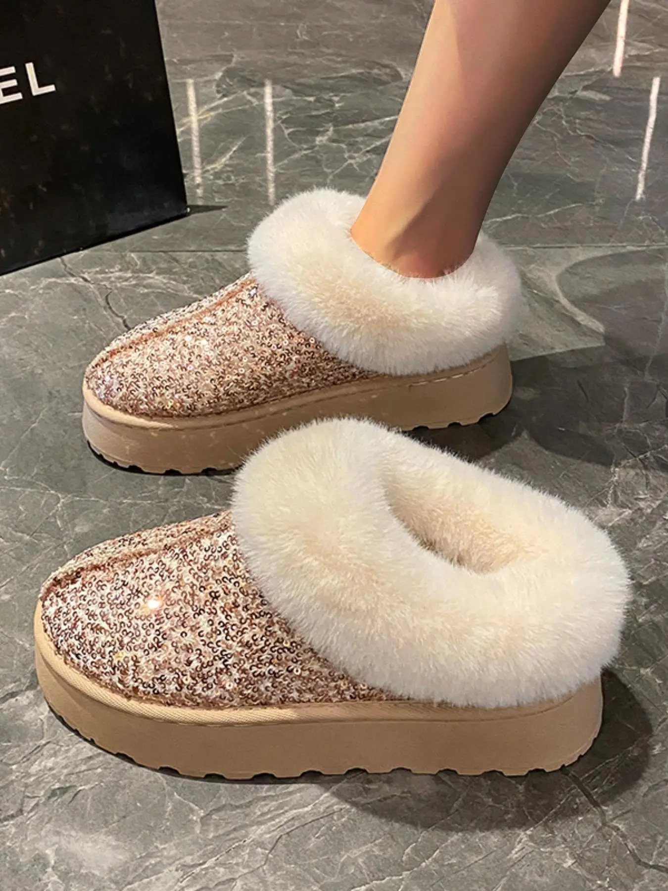Women's Fashionable Glitter Sequin Design Plush Lining Ankle Boots, 2024 New Style Casual Warm Flat Shoes for Fall & Winter, Female All-match Round To