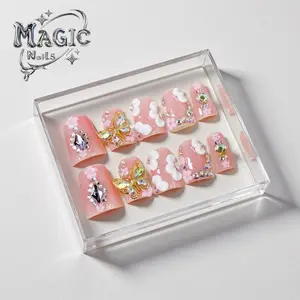 Magic Nails 2026 New Years Gift Salon Quality Duck Press On Nails Acrylic 3D Charm Golden Butterfly Rhinestones Pearl Blossom Nudes Design Reusable Easy Apply