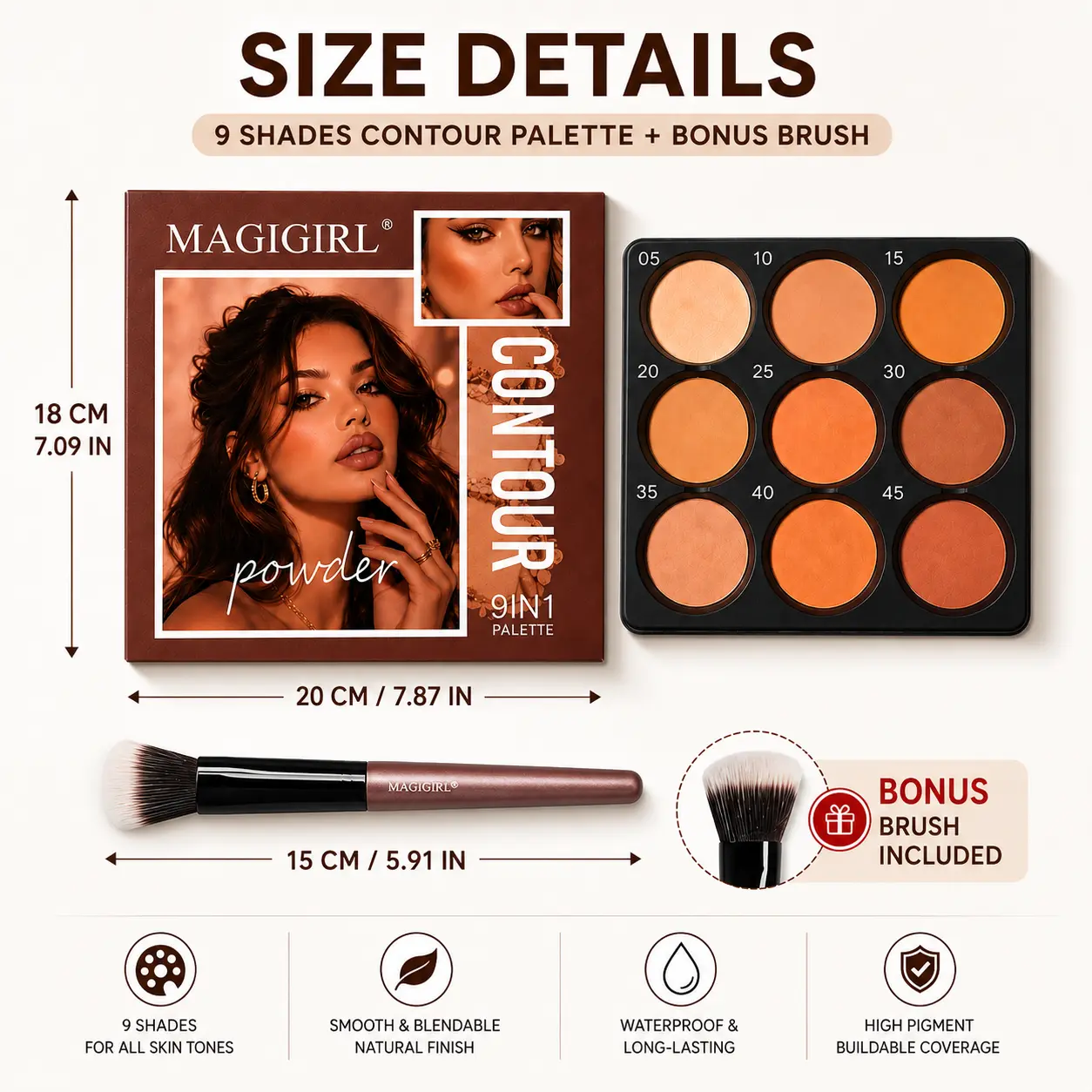 MAGIGIRL 9 Color Contour Palette with Makeup Brush, Waterproof & Sweat-Resistant Face Contour Kit, Bronzer, Highlighter & Define Palette