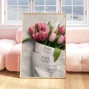 Luxury Designer Poster Print, Pink Flowers Bouquet, Floral Wall Art Poster, Apartment Decor, Printable Designer Decor, Trendy Wall Art