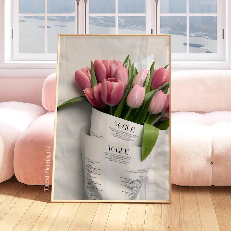 Luxury Designer Poster Print, Pink Flowers Bouquet, Floral Wall Art Poster, Apartment Decor, Printable Designer Decor, Trendy Wall Art