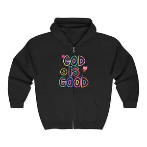 Men's Christian Zip-Up Hoodie - Menswear Long Sleeve Cotton Tops, Soft Knit Fabric, God Is Good Prints, Heart Design Casual Sweatshirt