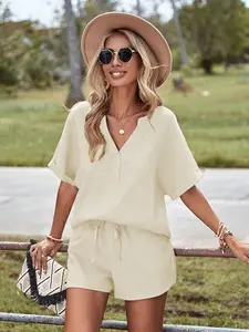 Women's V-Neck Textured Zipper Sweater Set with Belted Waist Shorts, 2-Piece Basic Minimalist Fashion, Casual Stylish Clothing