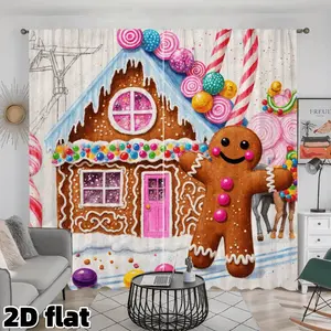 2D Flat 2Pcs Sweet Gingerbread House Print Curtains, Christmas Candy Theme, Rod Pocket Design, Semi Sunshade Function, Decorative Window Treatment for Living Room Bedroom Kitchen Dining Room Party Holiday Decor, Home Decoration Curtain