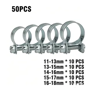 50PCS Mini Fuel Injection Hose Clamp Assortment, Zinc Plated Steel Hose Clips, 5 Sizes (11-18mm) Adjustable Pipe Clamps for Automotive, Fuel Line, Rubber Hose, Plumbing