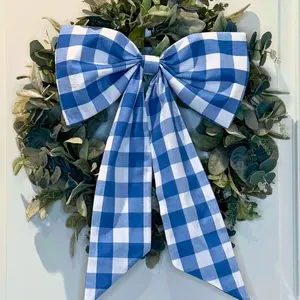 Sky Gingham Wreath Bow - Perfectly Shaped Decorative Bow for Wreaths & Garlands - 14.5" Wide x 7" Tall - Handmade with Stabilizer for Durability