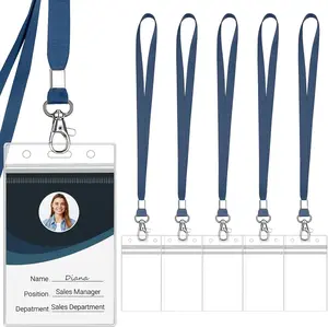 Clear ID Badge Holder with Lanyard Water Proof Vertical Display  Card Name Card Protector with Zipper Resealable Nametag Holder (Dark Blue-6pcs)