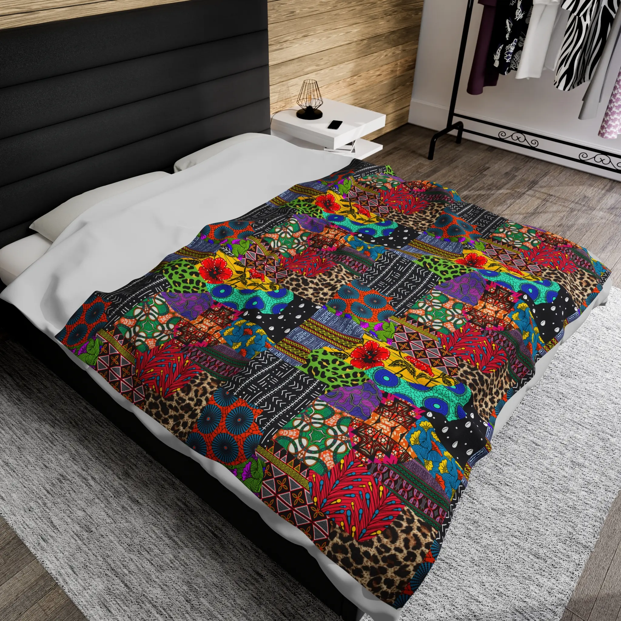 Retro African Ankara Faux Patchwork Velvet Throw Blanket - Soft, Cozy Textile with Double Stitch, 2 Sizes, Ideal Gift for Cozy Nights, Two Sizes