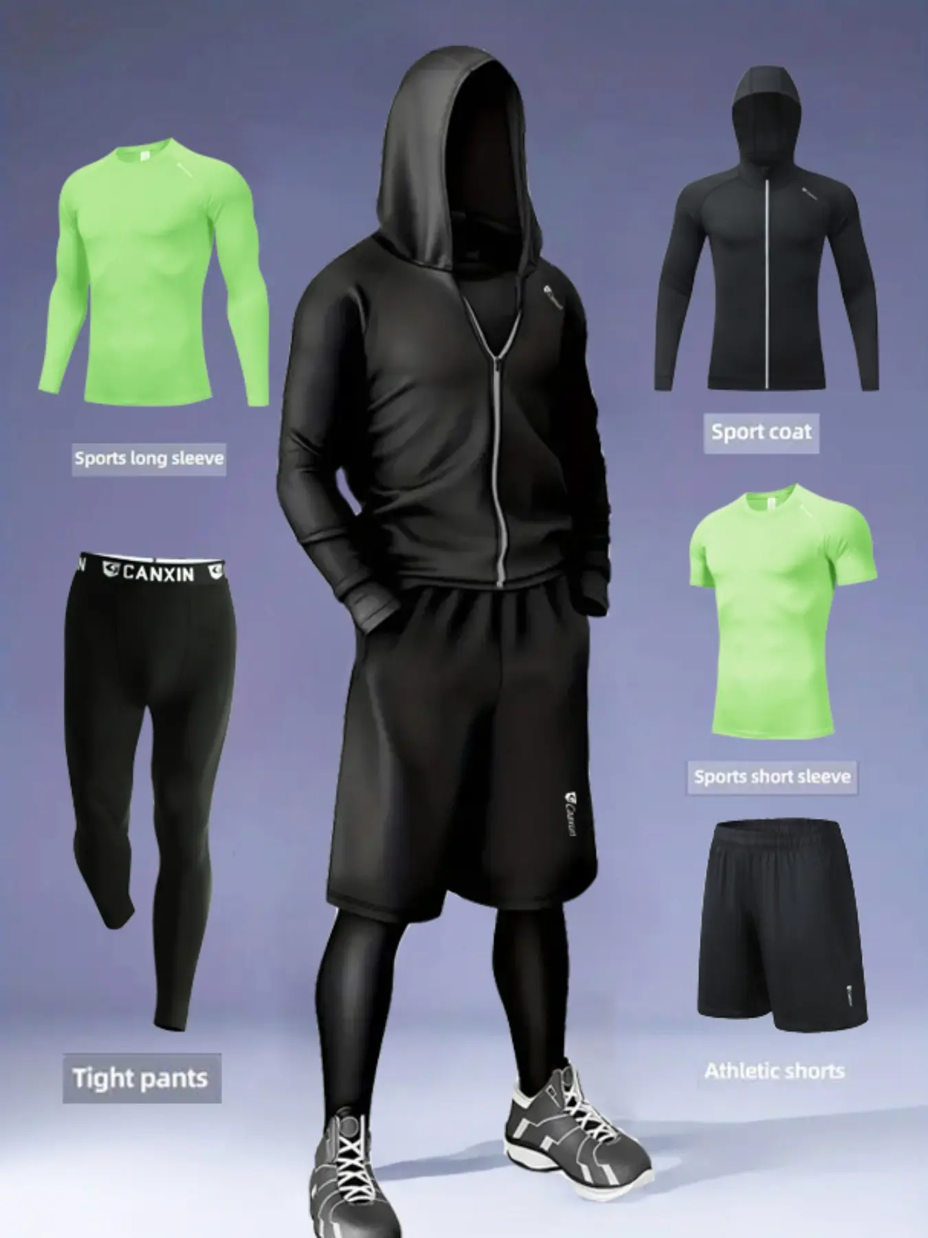 Men's Casual Sports Set, Breathable Compression Long Sleeve & Short Sleeve Tees, Reflective Hoodie Jacket, Shorts & Leggings