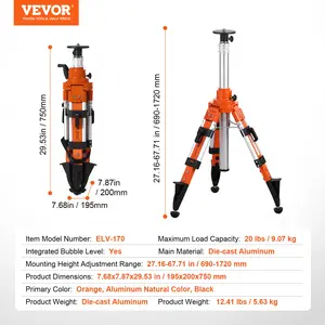 VEVOR Laser Level Tripod Stand, 5/8-11 Thread Mount, 27.16-67.71 inch Height Adjustment Heavy Duty Survey Tripod, with Level Bubble Diffusion Limiter, Liftable Non-Skid Feet for Construction
