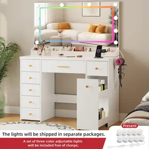 LAKEMID 43.3"W 7 Drawer Vanity Desk with Power Outlet Makeup Vanity with Mirror and 10 LED Lights, 3 Lighting Modes, Two-Tier Storage Cabinet with Casters, 6 Storage Compartments,Dressing Table for Bedroom,Dressing Room