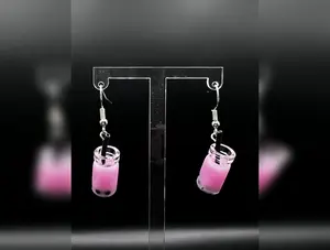 Unisex Pink Boba Earrings with Miniature Bubble Tea Cups and Boba Pearls