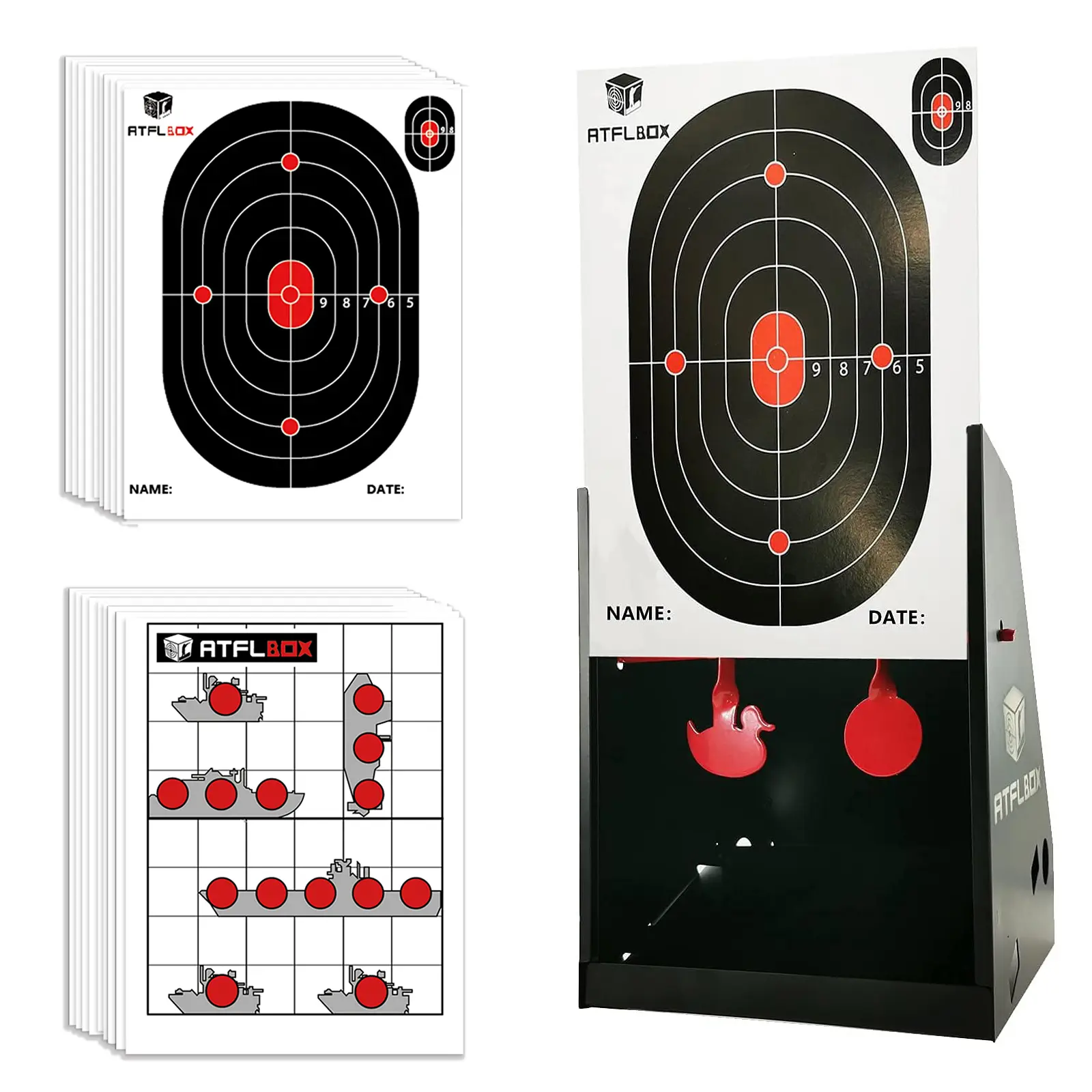 Atflbox 7 x 9 Inch BB Gun Target Trap With 20pcs Paper Targets and Spinning Metal Silhouettes Shooting Targets for Backyard