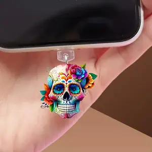 2D Creative Floral Skull Design Charger Plug Decorations Phone Accessories for iPhone Type C iPad Android Tablets AirPods Charging Port Halloween Gift