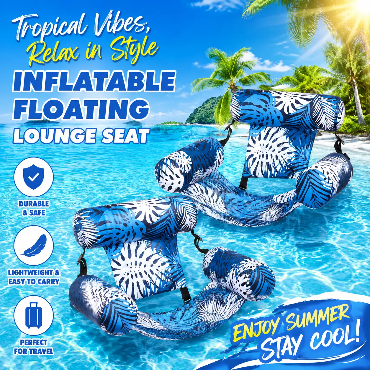 Matching Pair Elegant Botanical Monstera Inflatable Floating Lounger, Reinforced Thick Anti-Scratch Fabric & Soft Contoured Backrest, Quick Dry Textile, Luxury Relaxation Seat for Adult Lakeside Summer Getaways