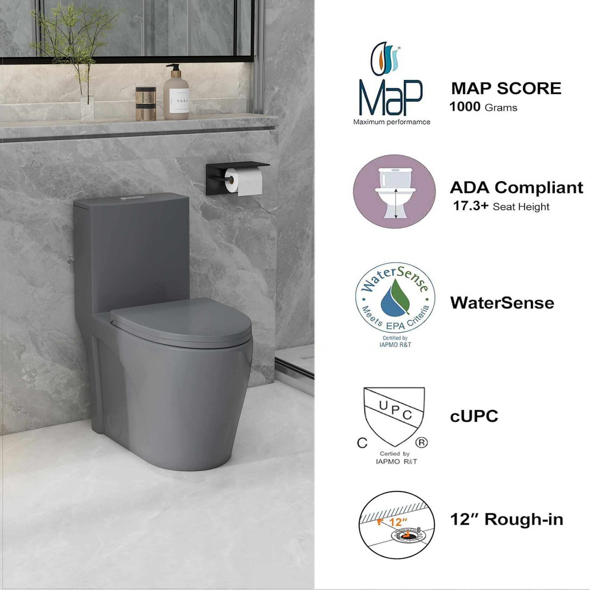 Light Grey Minimalist One-Piece Elongated Ceramic Toilet, 17"ADA Compliant Comfort Height, WaterSense 1.1/1.6 GPF Dual Cyclone Siphonic Dual Flush, 12" S-Trap, Soft-Close Seat