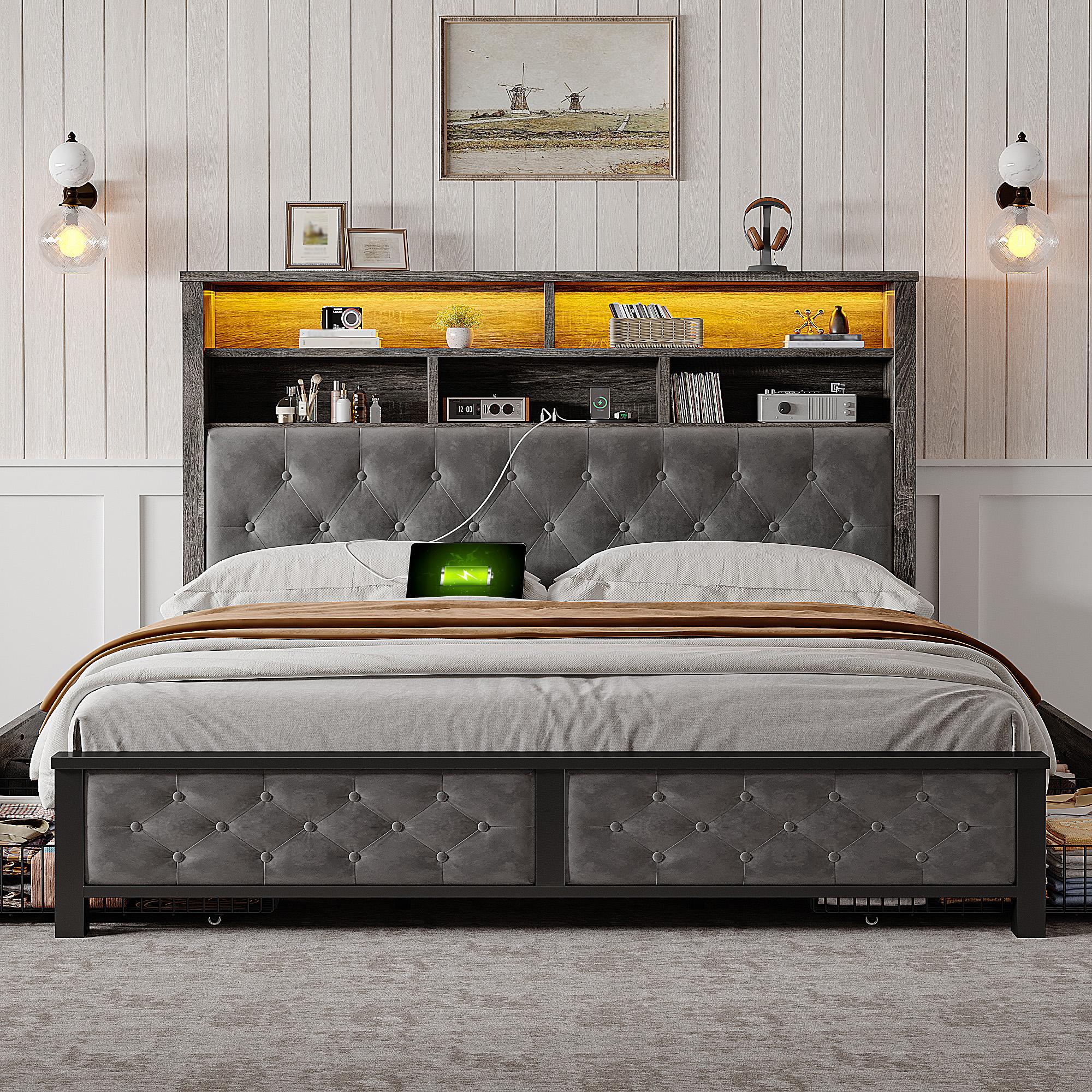 Raybee Luxury Modern LED Bed Frame with Power Stripes, Tufted Velvt Upholstered Full /Queen/King Size Bed Frame with Bookcase Storage Headboard, Heavy Duty Platform Bed Frame Holds 900LBS, NO Noise, No Box Spring Needed, Space Saving Hacks, Beige, Gray Raybee Luxury Modern LED Bed Frame with Power Stripes, Tufted Velvt Upholstered Full /Queen/King Size Bed Frame with Bookcase Storage Headboard, Heavy Duty Platform Bed Frame Holds 900LBS, NO Noise, No Box Spring Needed, Space Saving Hacks, Beige, Gray