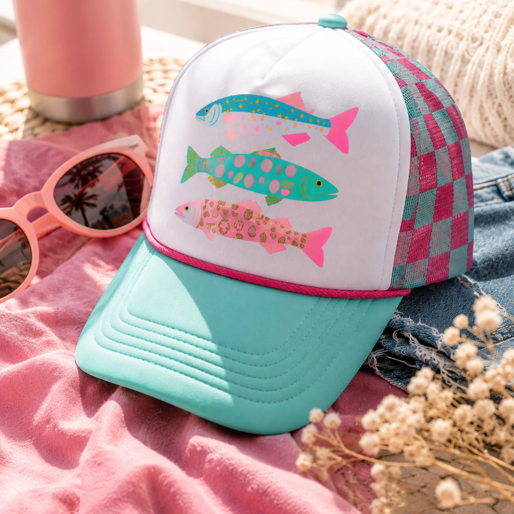 Girly Trout Trucker Hat | Coquette Fishing Cap | Pink & Aqua Snapback