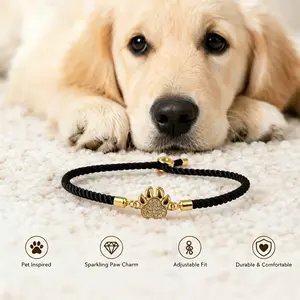 14K Gold Print Bracelet, Gold Plated CZ Adjustable Black Cord Pet Charm Jewelry for Dog Lovers, Sentimental Pet Memorial Jewelry & Gift