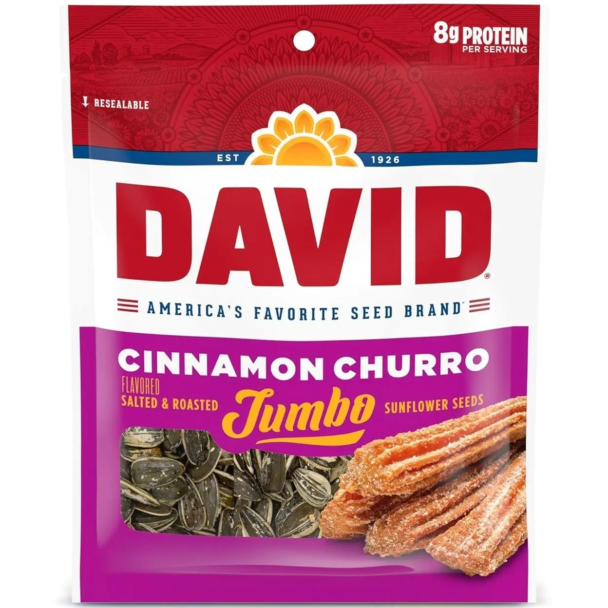 DAVID Jumbo Sunflower Seeds, Cinnamon Churro Flavor, Easter Basket Stuffer for Baseball Players, 5.25 oz. (Pack of 12)