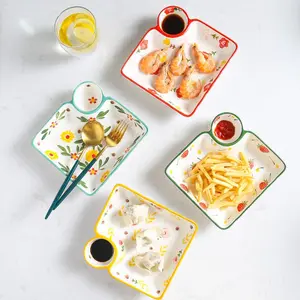Ceramic Dumpling Plate Sauce Dish, 2 Counts/set Square Dumpling Plate with Dipping Saucer, Snack Plate, Sushi Plate, Household Kitchen Products, Modern Ceramic Plates