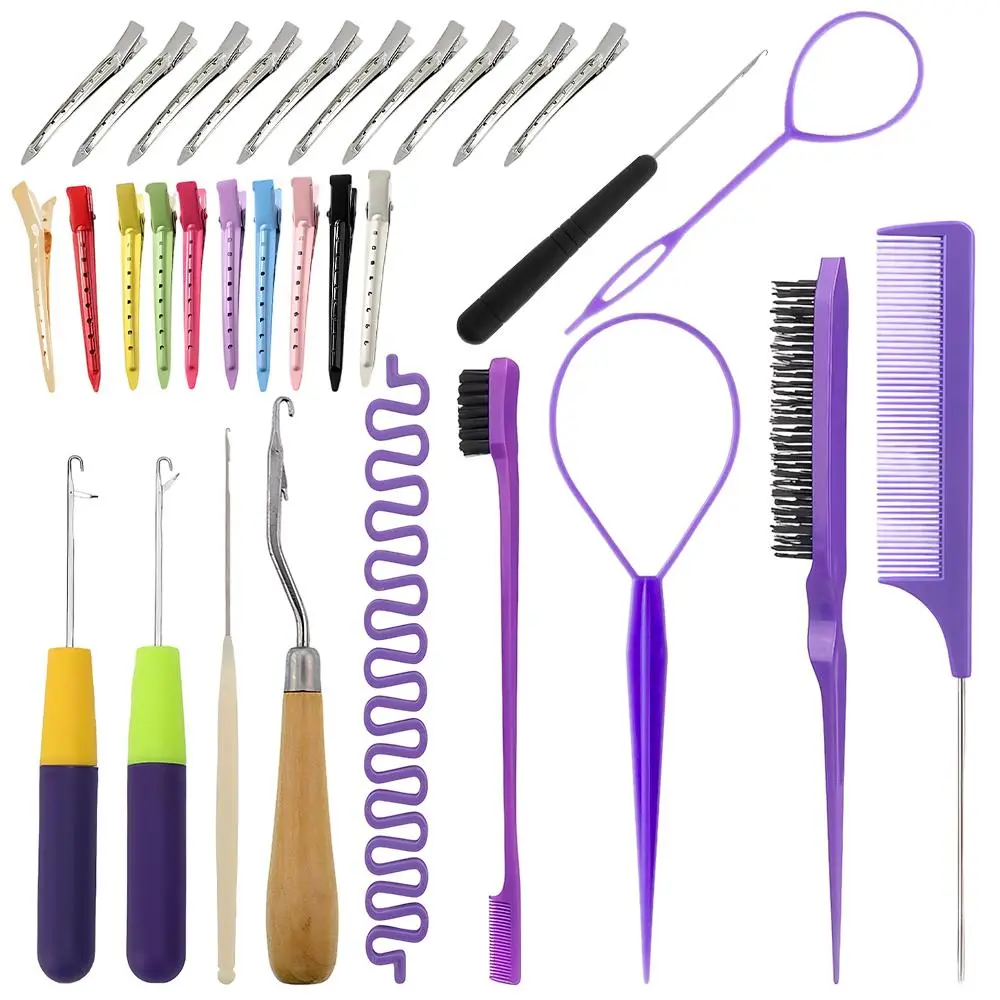 31-Pcs Professional Hair Braiding & Crochet Multitool Kit - Includes Crochet Hooks, Partition Clips, Combs, Hooks & Clips for Trendy Dirty Braids, Home DIY Styling