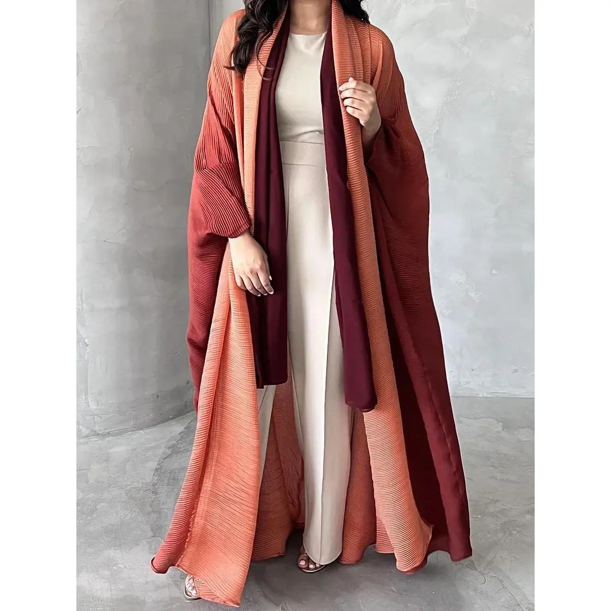 Women's Gradient Pleated Abaya - Loose Batwing Sleeve Minimalist Chic Cardigan Coat, 140cm Plain 1-Size Plus-Size Dubai Luxury Machine Washable Outerwear, Casual, Luxury Outerwear, Full-Length, Free