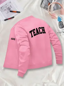 Women's Casual Graphic Jacket Coats, Teach Pattern Baseball Collar Design, Fitted Zipper Cardigan for All Seasons, Stylish Outerwear