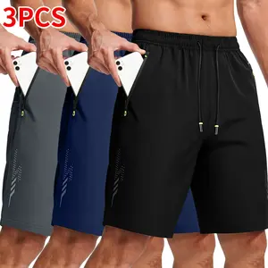 3 Packs Men's Lightweight Breathable Summer Shorts, Casual Elastic Drawstring Waist Bottoms with Zipper Pockets, Quick Dry Athletic Shorts for Gym, Running, Hiking & Everyday Wear
