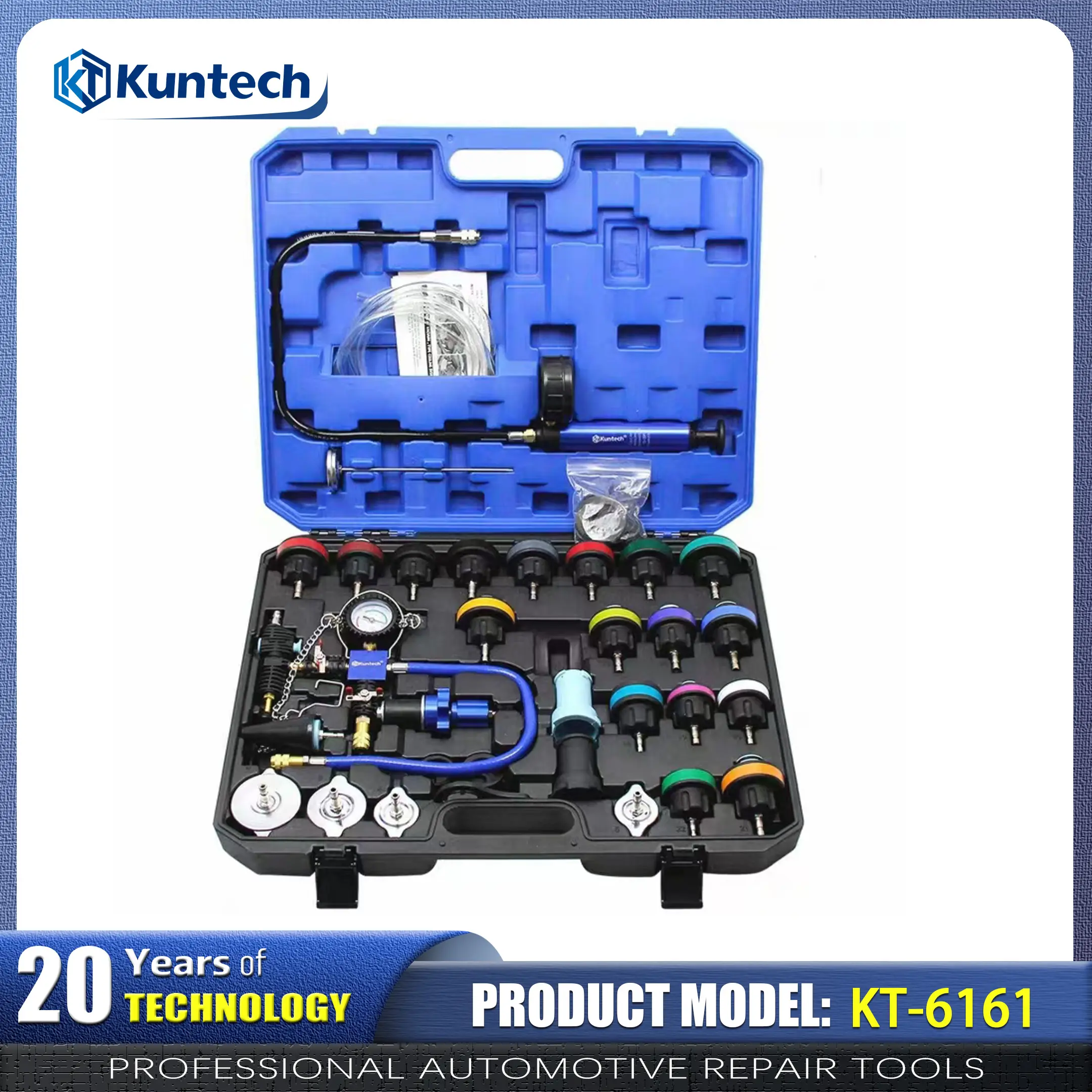 Kuntech KT-6161 34PCS Radiator Pressure Tester & Coolant Vacuum Refill Kit | Universal Cooling System Leak Detector Tool Set