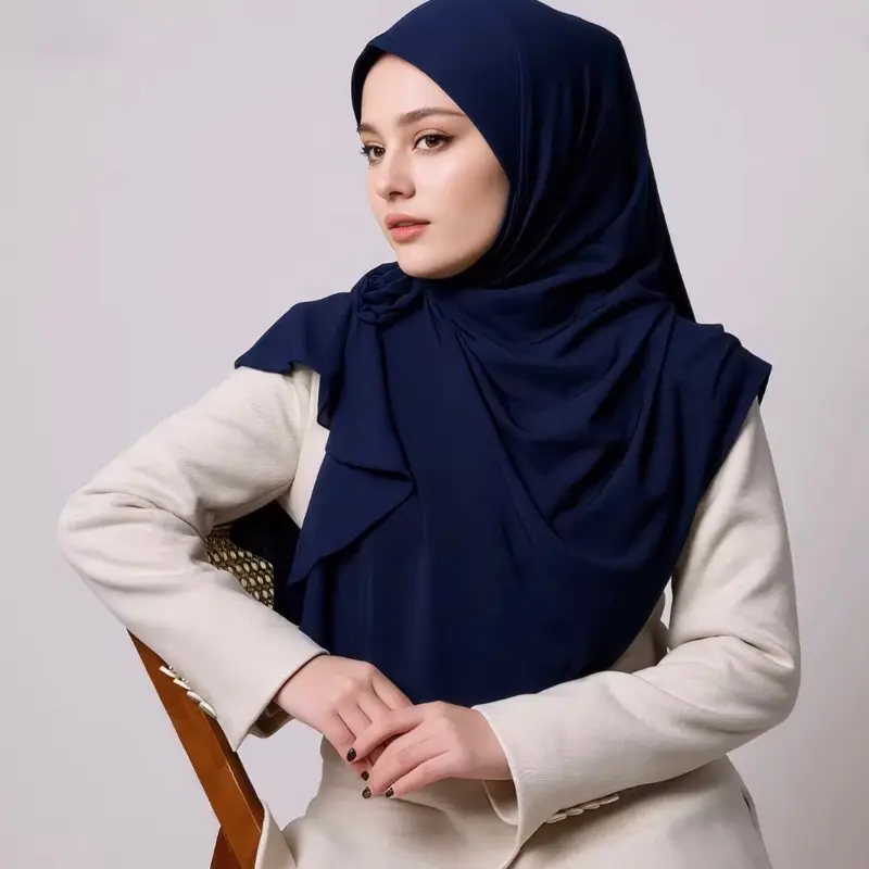 Women's Navy Blue Jersey Cotton Instant Hijab - Kerudung, Jilbab Bergo Instan, Modest Hijab, Lightweight and Soft, Streamlined Pull-On Design, Full Coverage for Work or Party