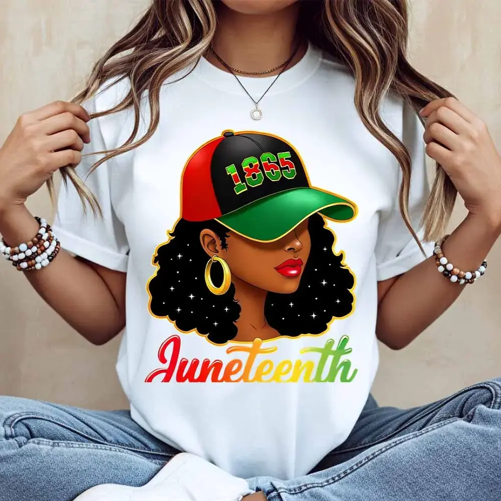 [100% Cotton] Juneteenth 1865 Black Woman With Hat And Stars Print T Shirt White Crew Neck Casual Loose Fit For Everyday Wear And Sports Activities