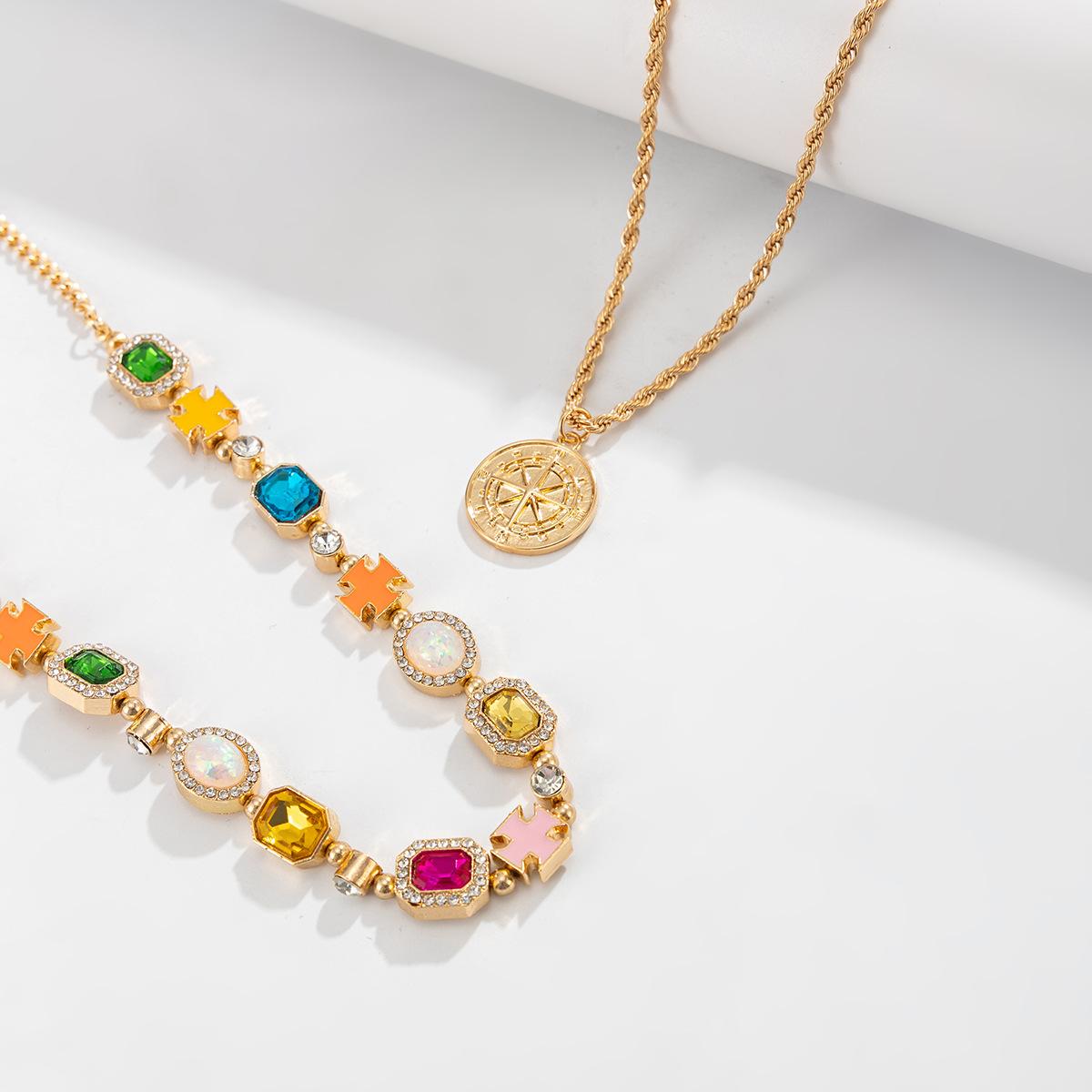 European and American cross-border colorful gemstone gold jewelry chain, fashionable and dazzling, high-end, light luxury, versatile necklace set