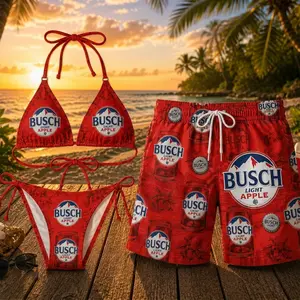 Busch Light Apple Couples Swimwear Set – Women's Triangle Tie-Side Bikini & Men's Matching Beach Shorts, Tropical Summer Vacation Pool Party Swimwear