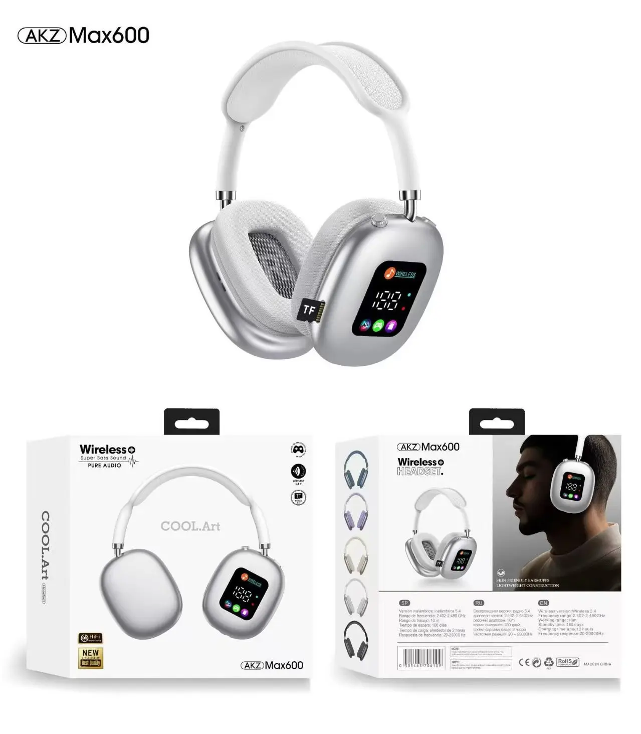 KZ-MAX600 Wireless On-Ear Headphones - 3D Sound Bluetooth Audio Headset, RGB Digital Display, TF Card Support, 3D Stereo Sponge Earmuffs for Comfortable Wear & Premium Sound Quality, 3D Sound Wireless Headphones, Bluetooth Audio Wireless Headphones