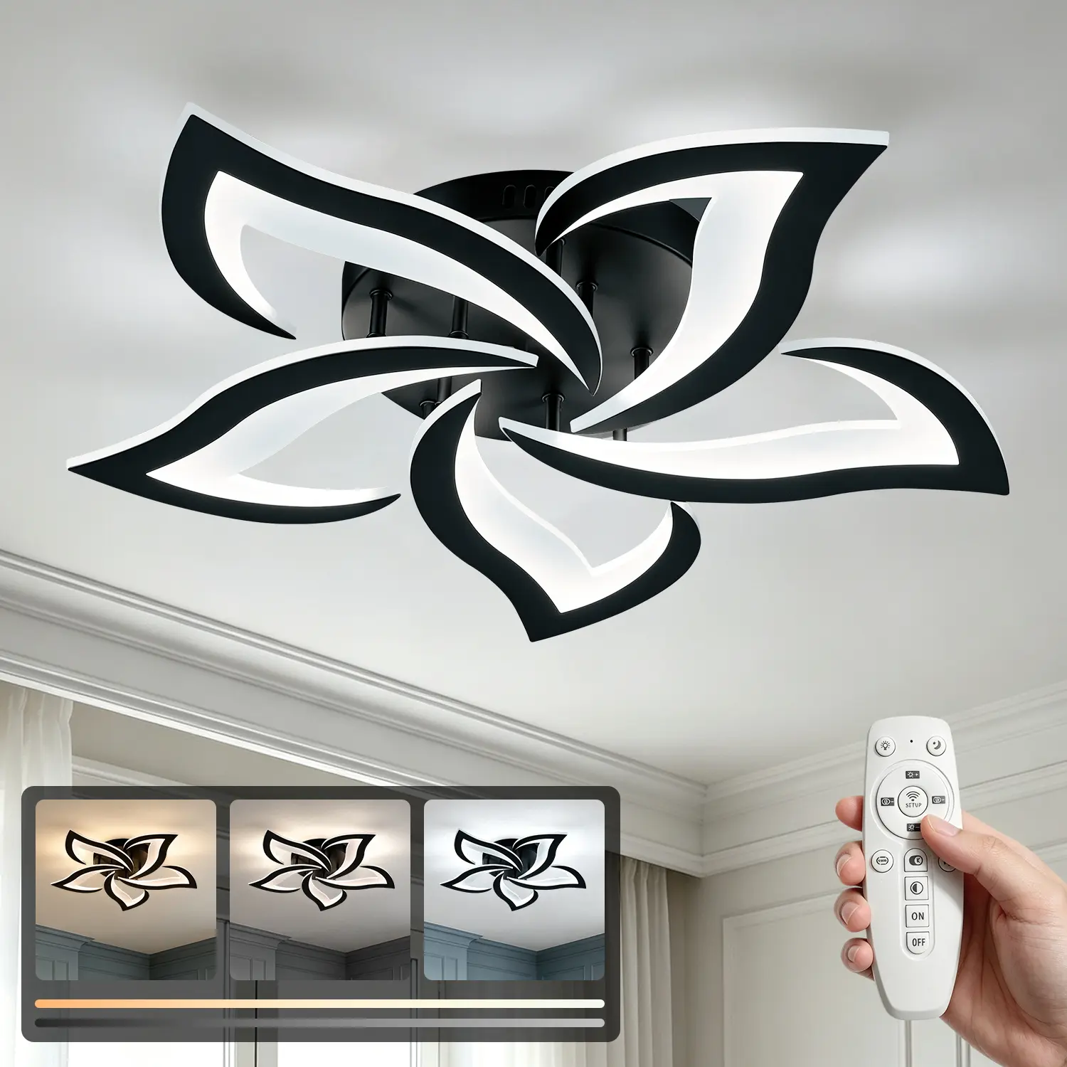 Modern LED Ceiling Light, 25 Inch Black Flower Shape Flush Mount Ceiling Lamp, 3 Color Temperature 3000K-6000K Stepless Dimmable, App Control Ceiling Light for Bedroom Living Room Dining Room, Built-in LED