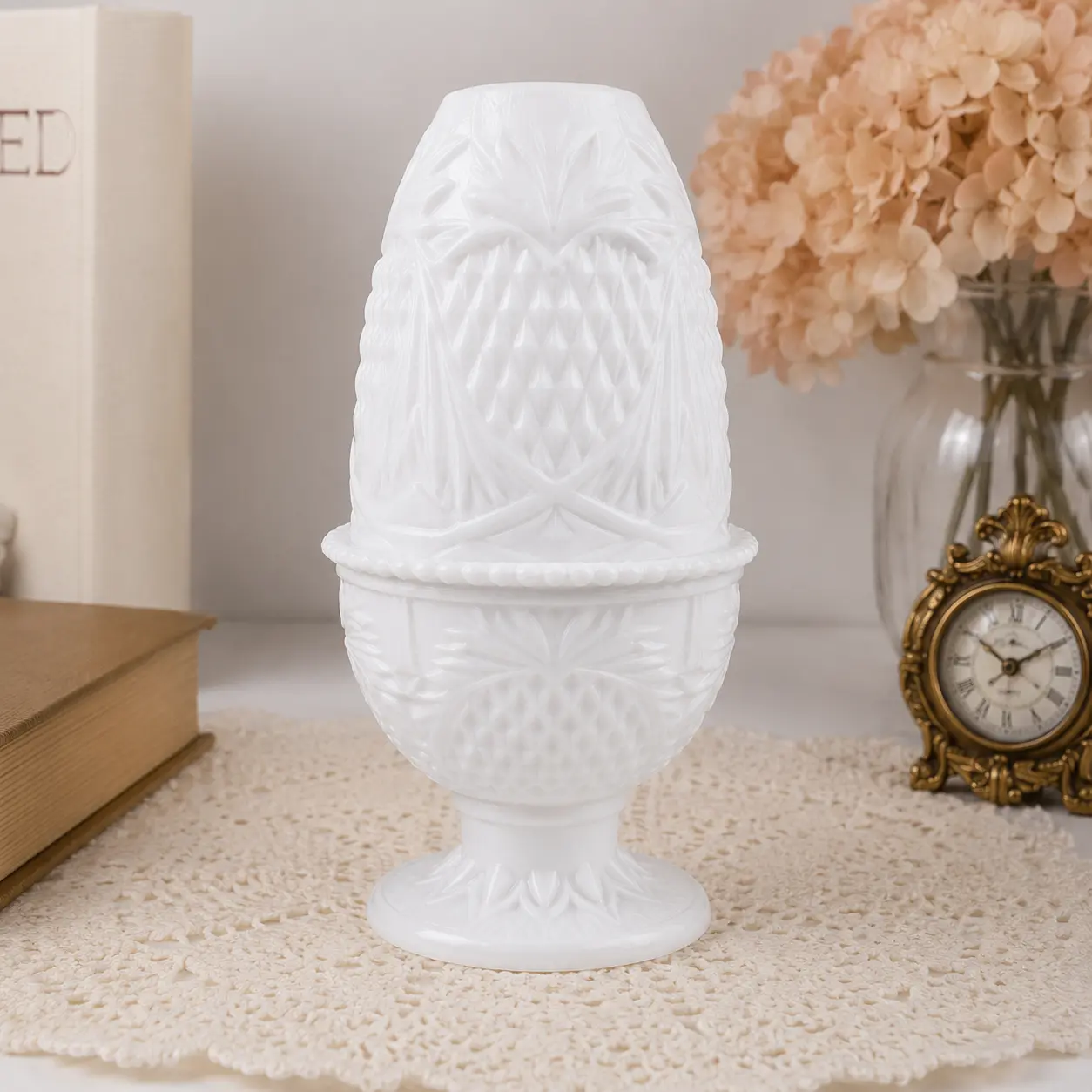 Vintage Pineapple Heart Fairy Lamp, 3D Printed Milk Glass Style LED Tealight, Cottagecore Home Decor Statue Figurine